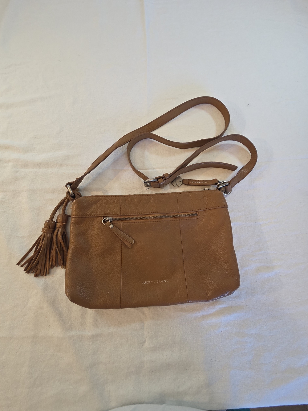 Lucky Brand Tan Leather Crossbody Bag with Tassel. See Pictures Corner Wear